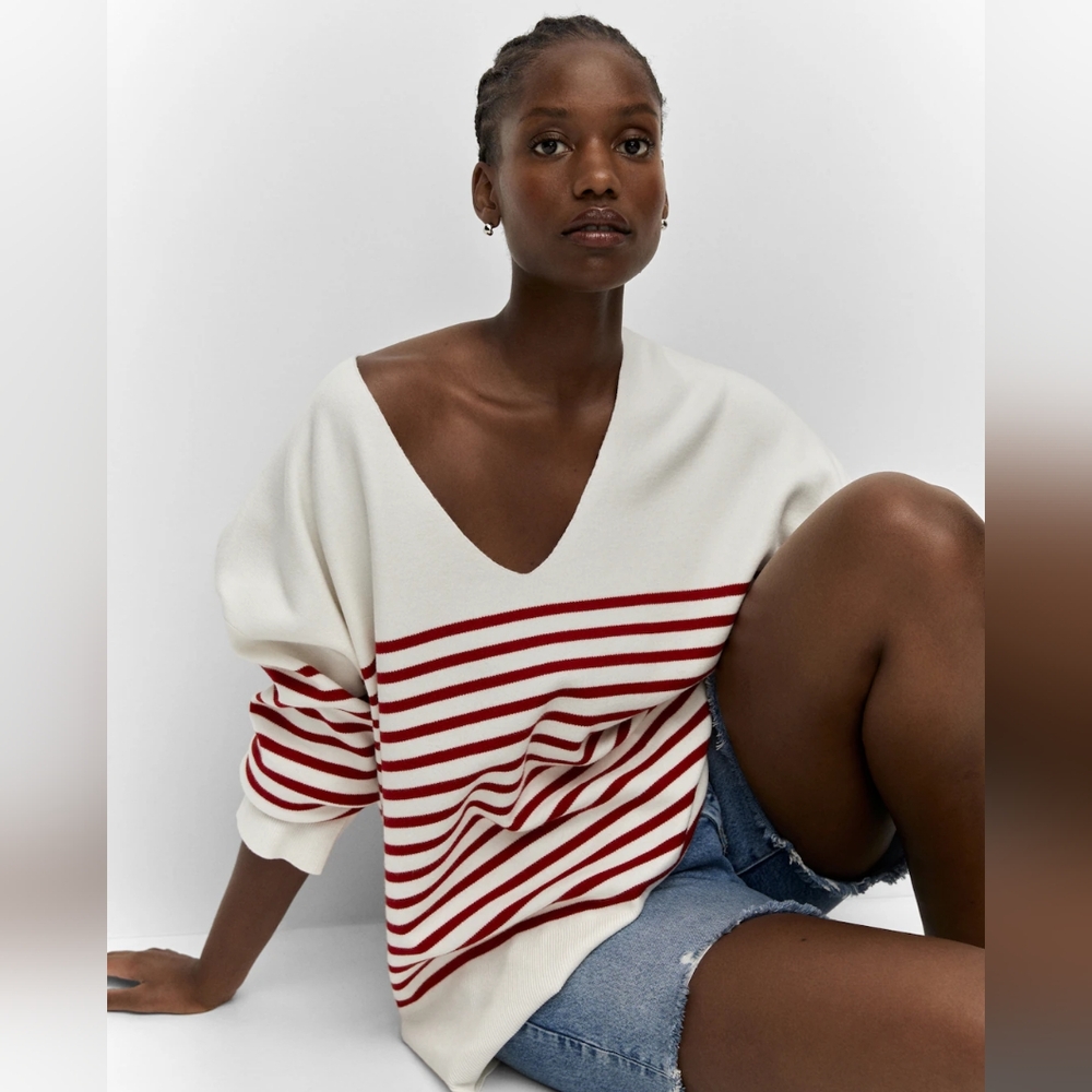 Mango Cream Sweater with Red Stripes a viscose blend size xl relax fit - Picture 2 of 9